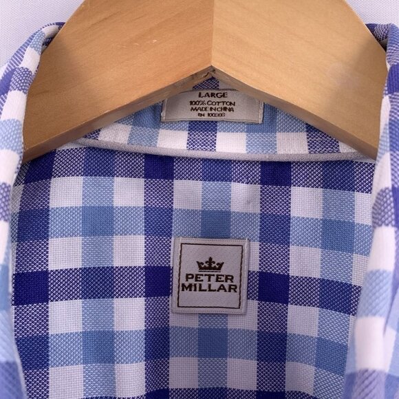 PETER MILLAR Blue and White Plaid Cotton Short Sleeve Shirt Size Large - Picture 4 of 5